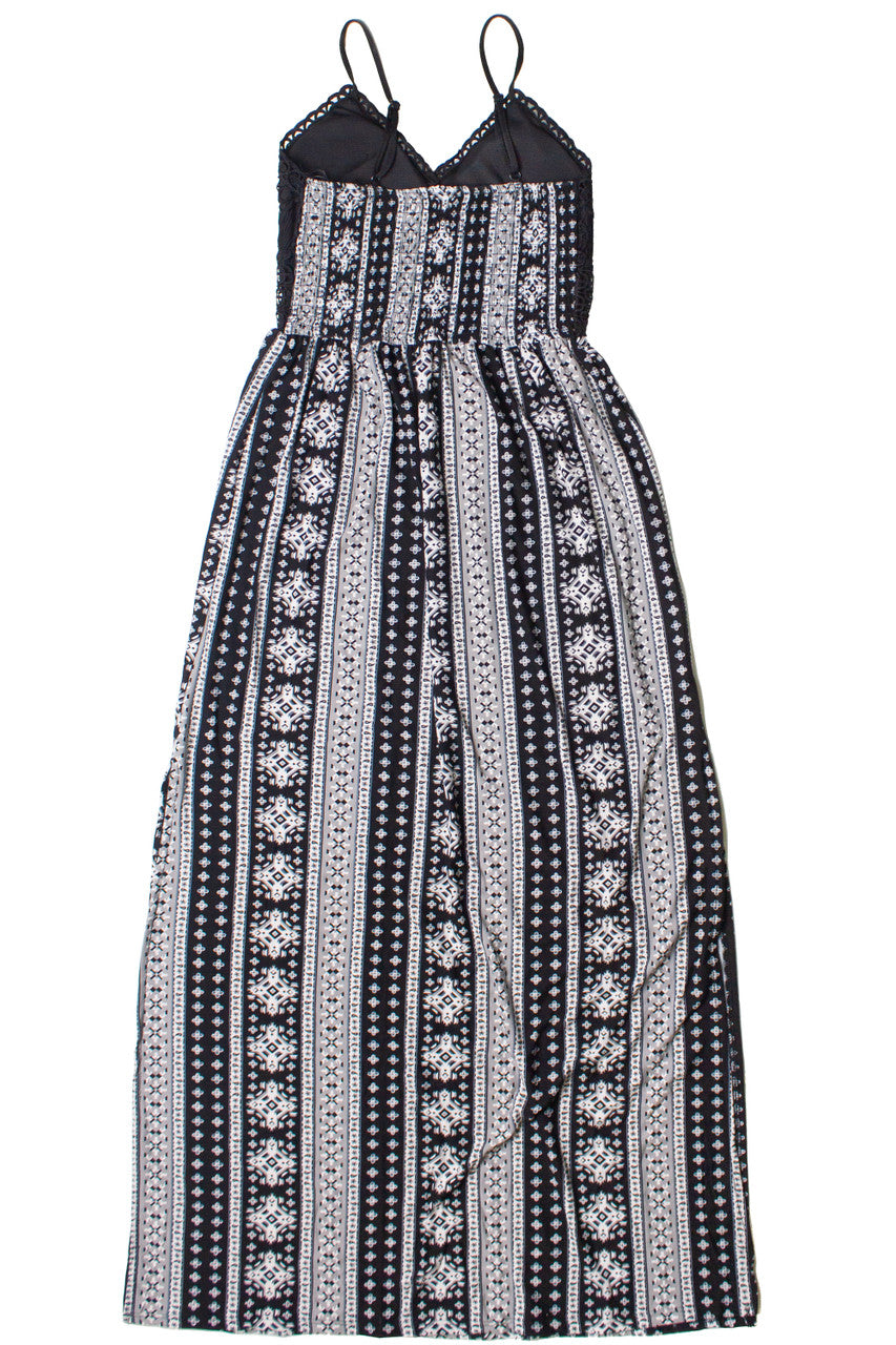 Lace Top Border Print Maxi Dress