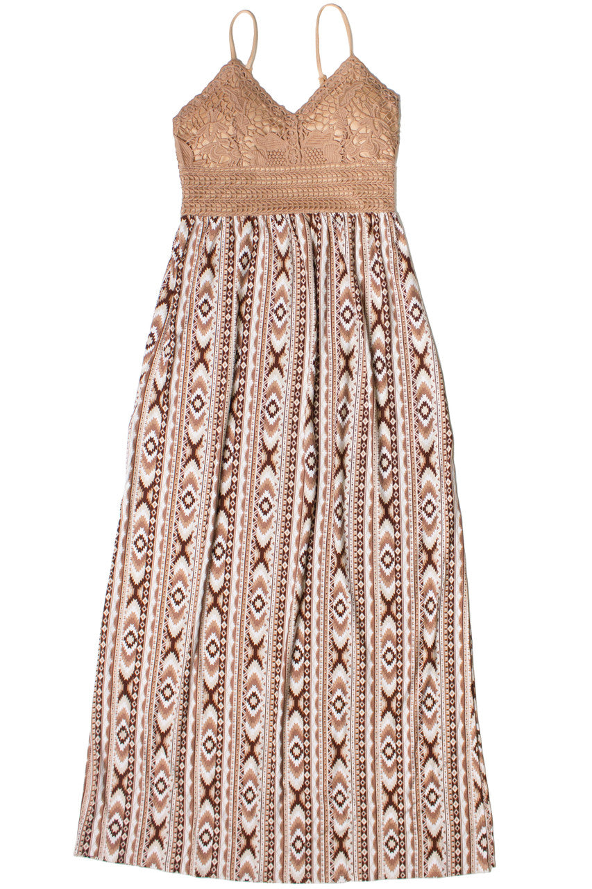 Lace Top Border Print Maxi Dress