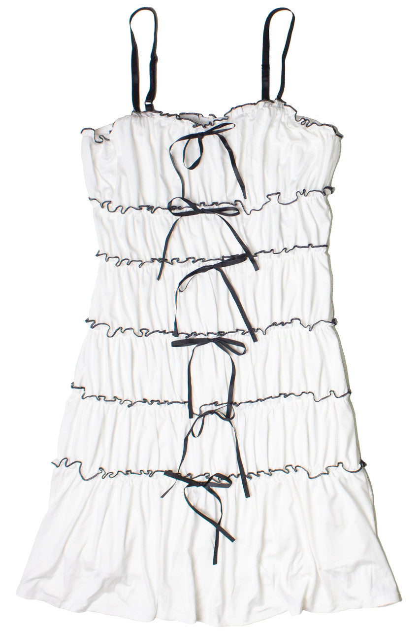 Contrast Stitch Ribbon Bow Tiered Mini Dress