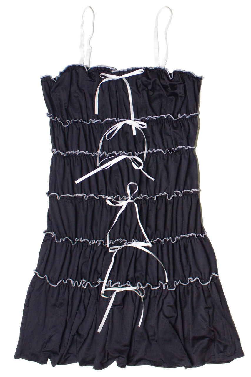 Contrast Stitch Ribbon Bow Tiered Mini Dress