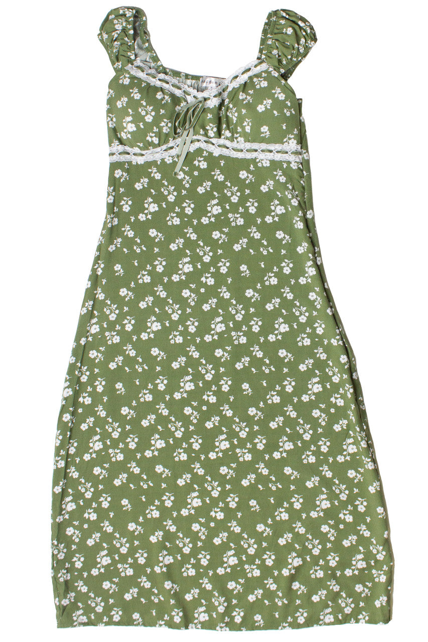 Puff Sleeve Lace Trim Floral Maxi Dress