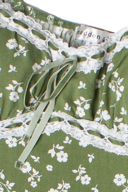 Puff Sleeve Lace Trim Floral Maxi Dress
