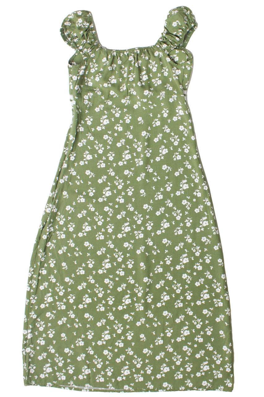 Puff Sleeve Lace Trim Floral Maxi Dress