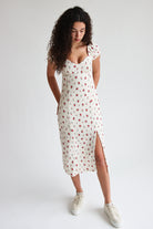 Floral Puff Sleeve Midi Dress with Slit Front View