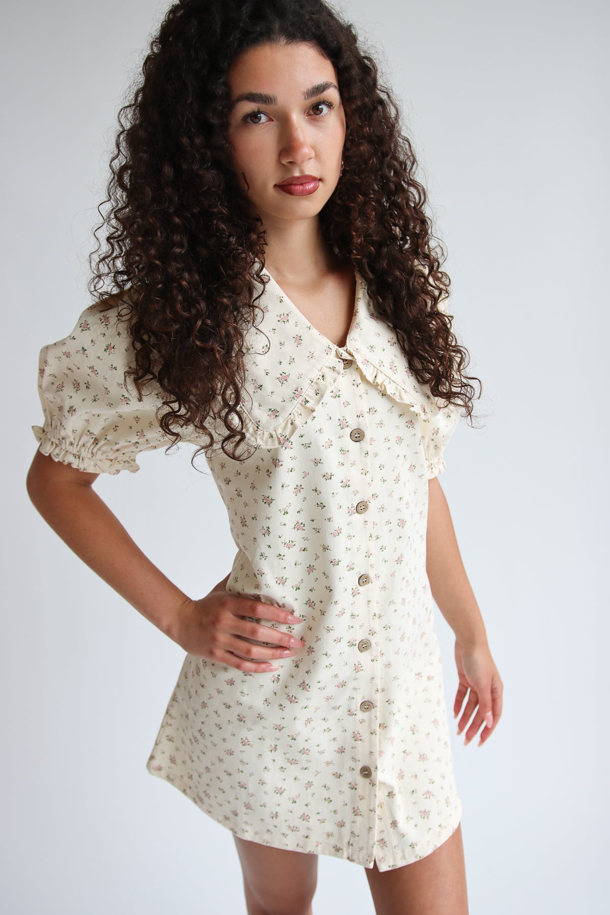 Floral Peter Pan Collar Denim Dress Oatmeal