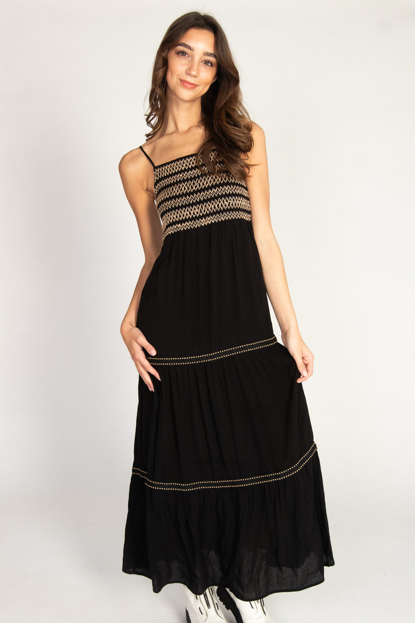 Embroidered Detail Gauze Tiered Maxi Dress