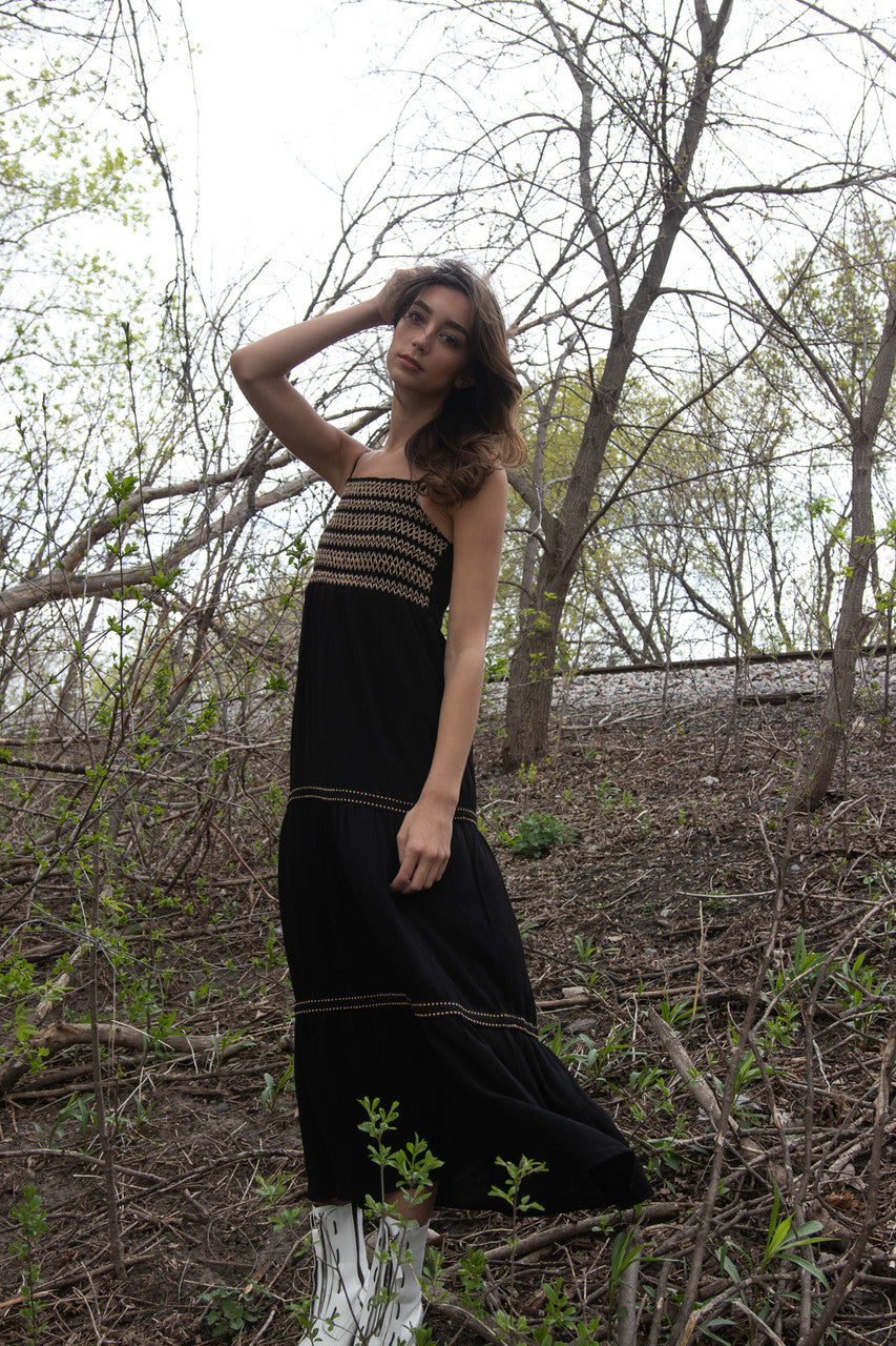 Embroidered Detail Gauze Tiered Maxi Dress