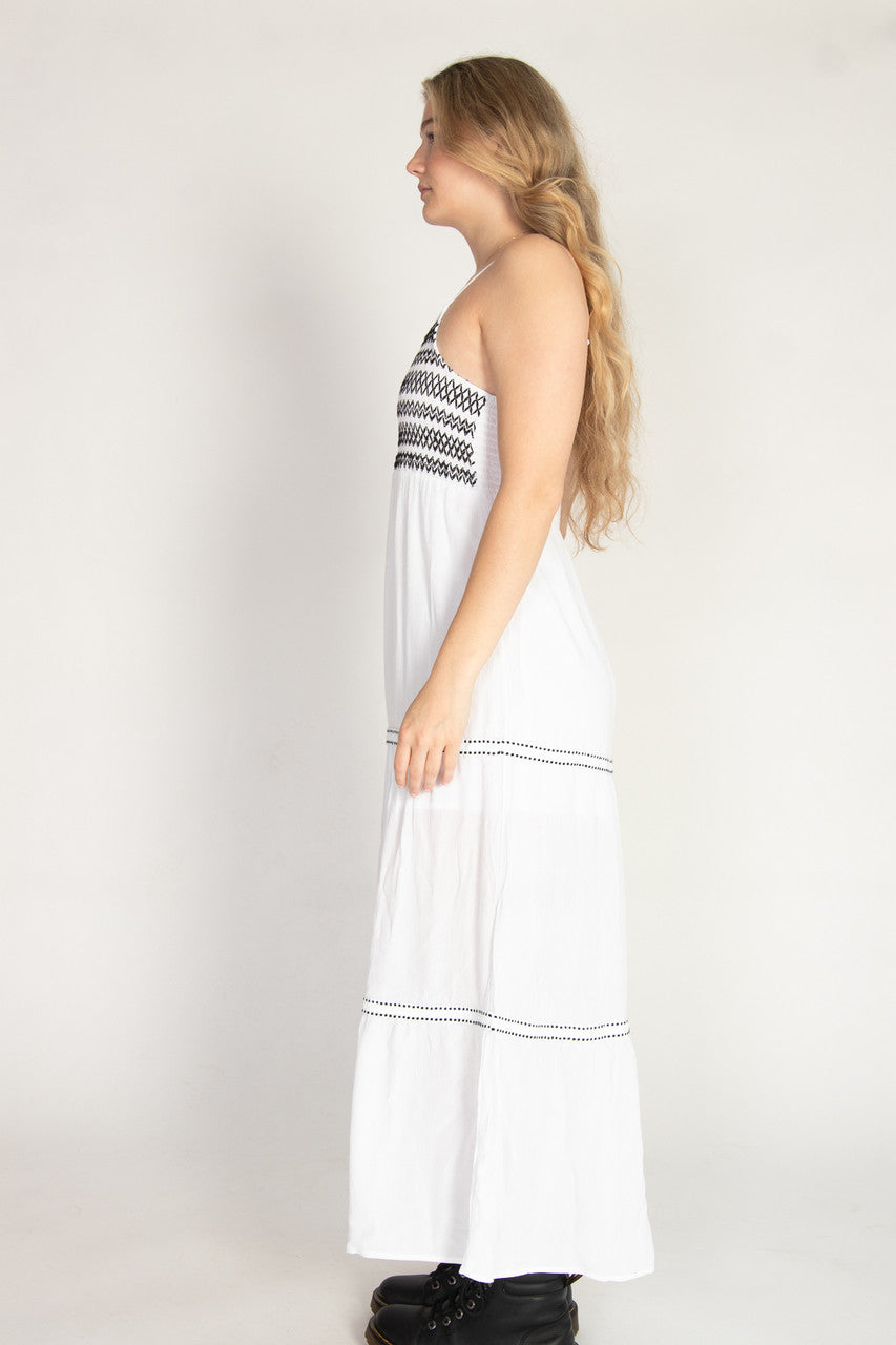 Embroidered Detail Gauze Tiered Maxi Dress