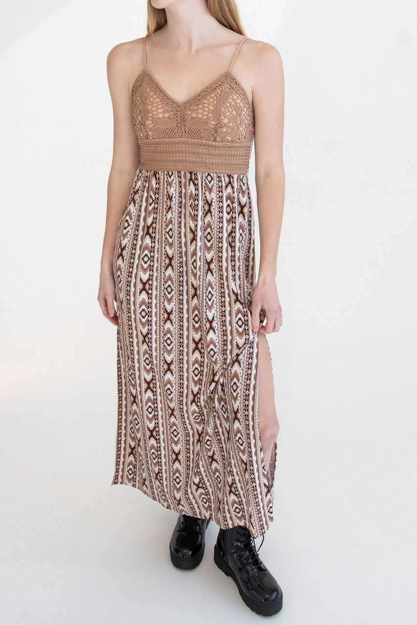 Lace Top Border Print Maxi Dress