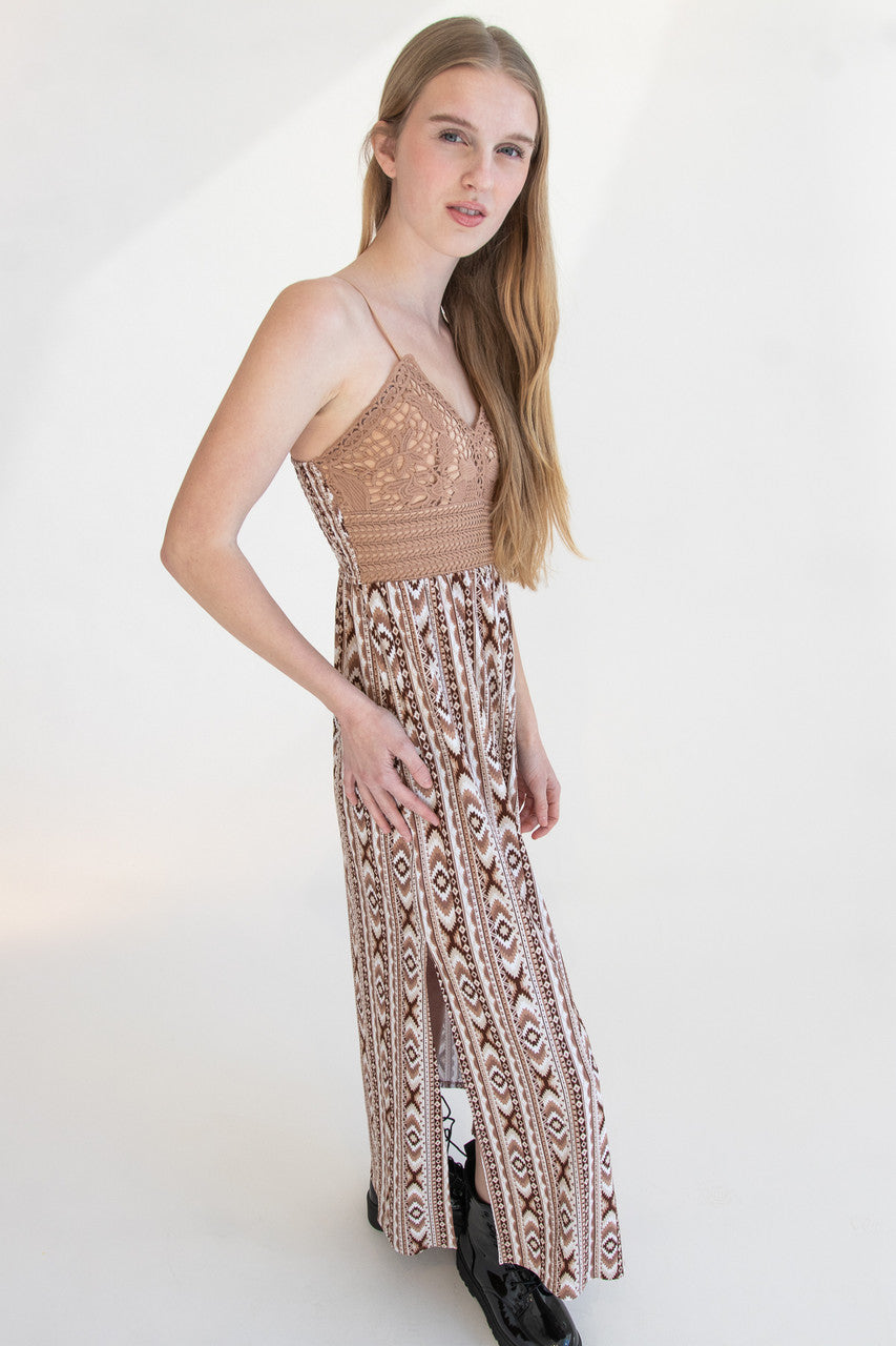 Lace Top Border Print Maxi Dress