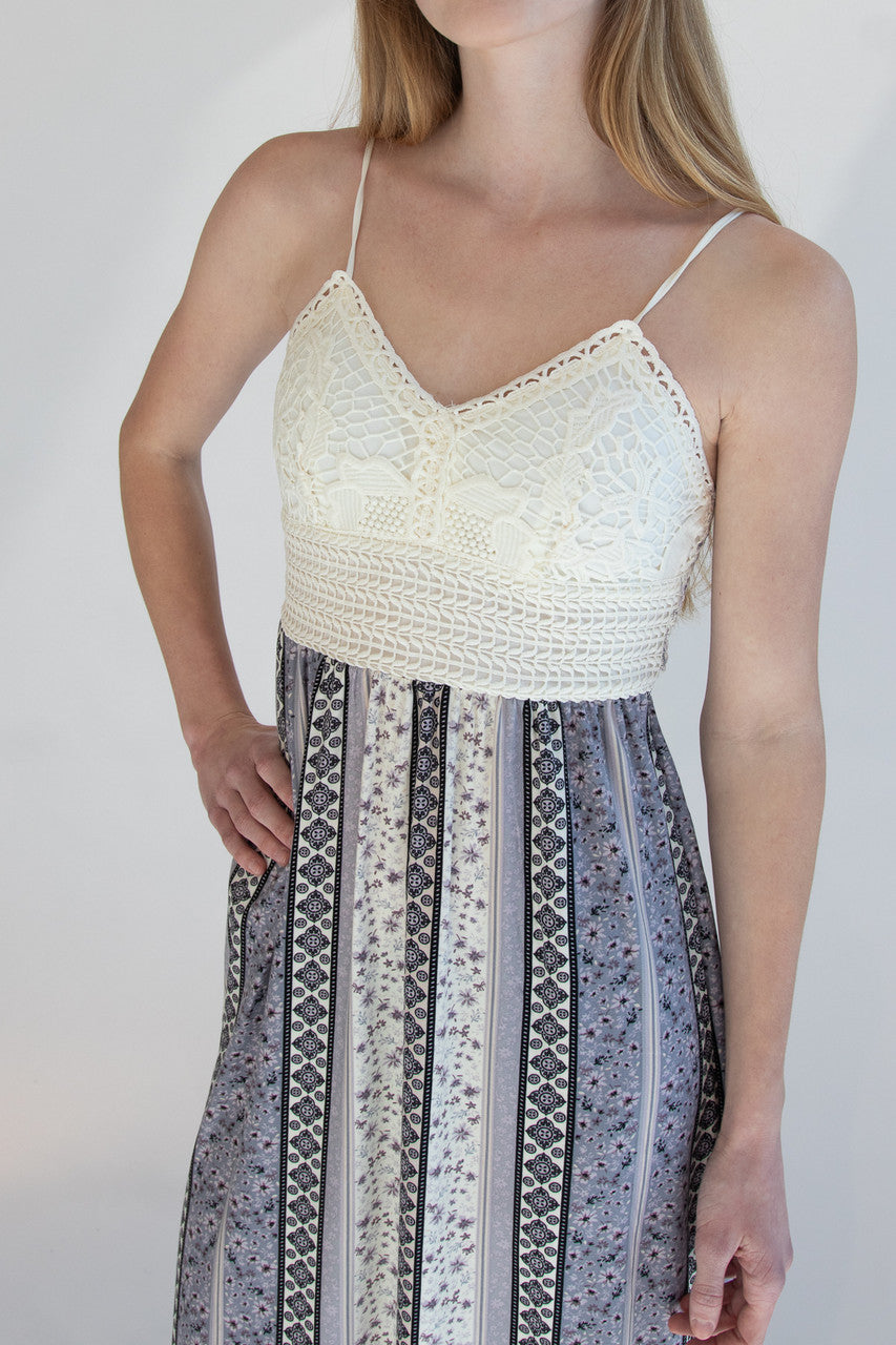 Lace Top Border Print Maxi Dress