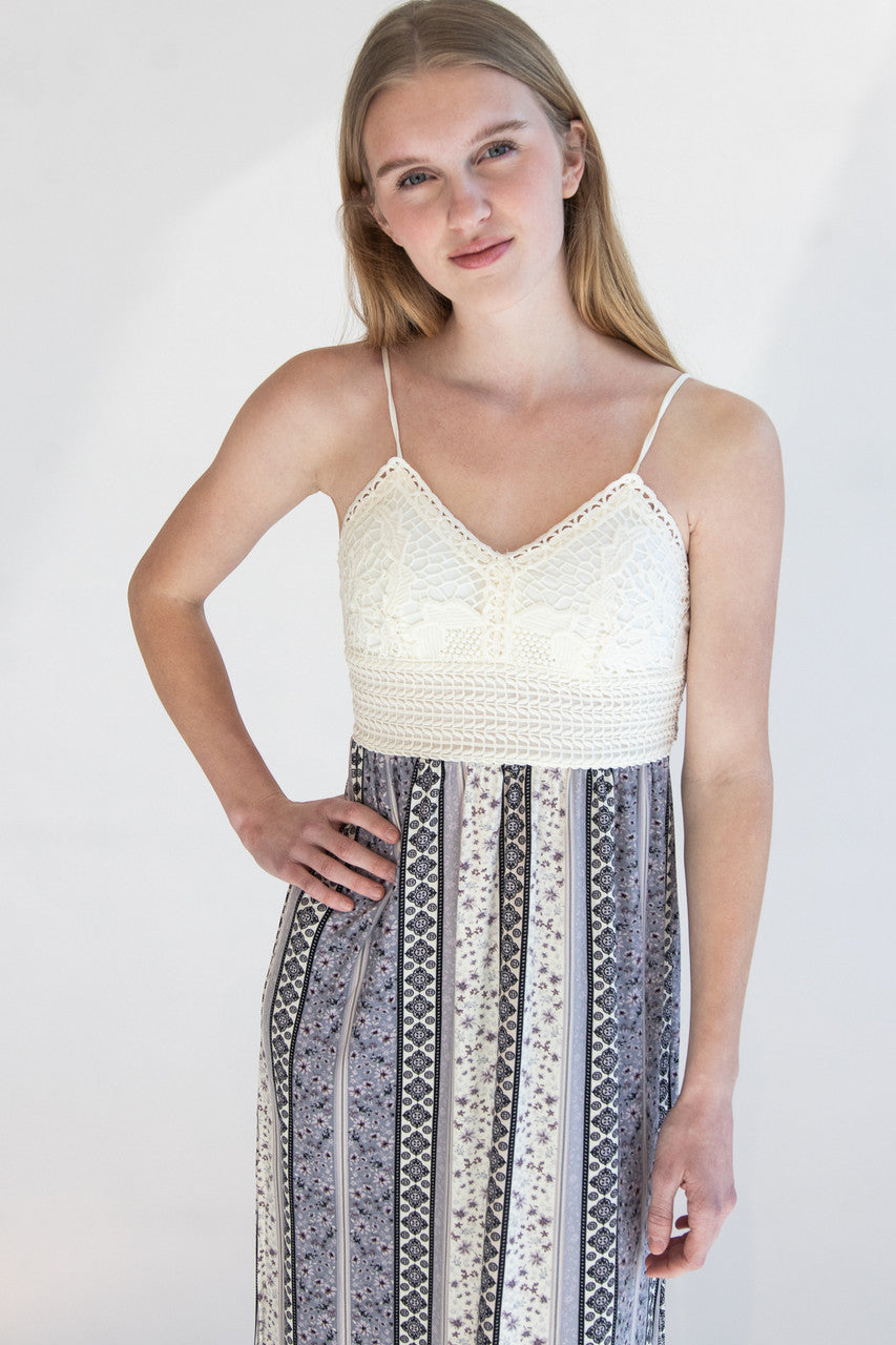 Lace Top Border Print Maxi Dress