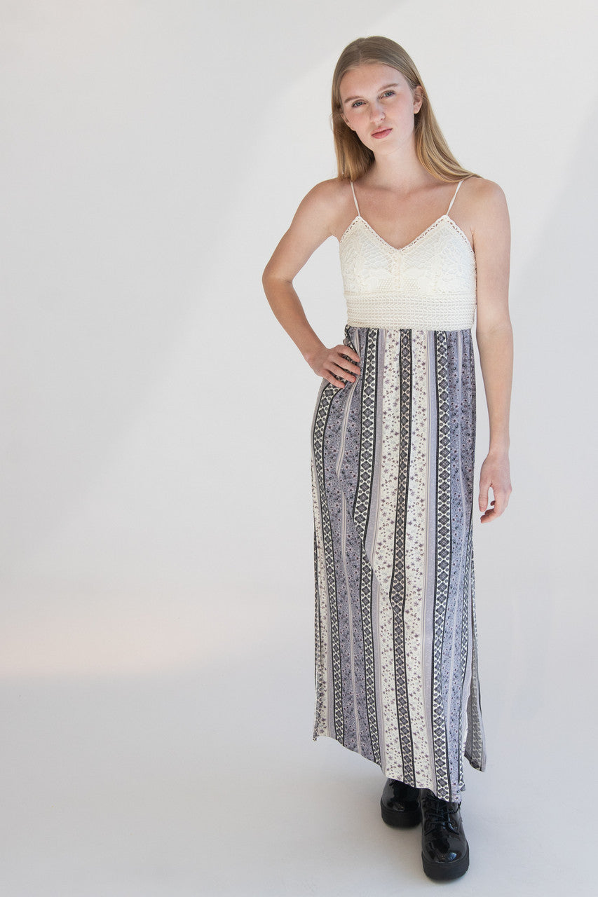 Lace Top Border Print Maxi Dress