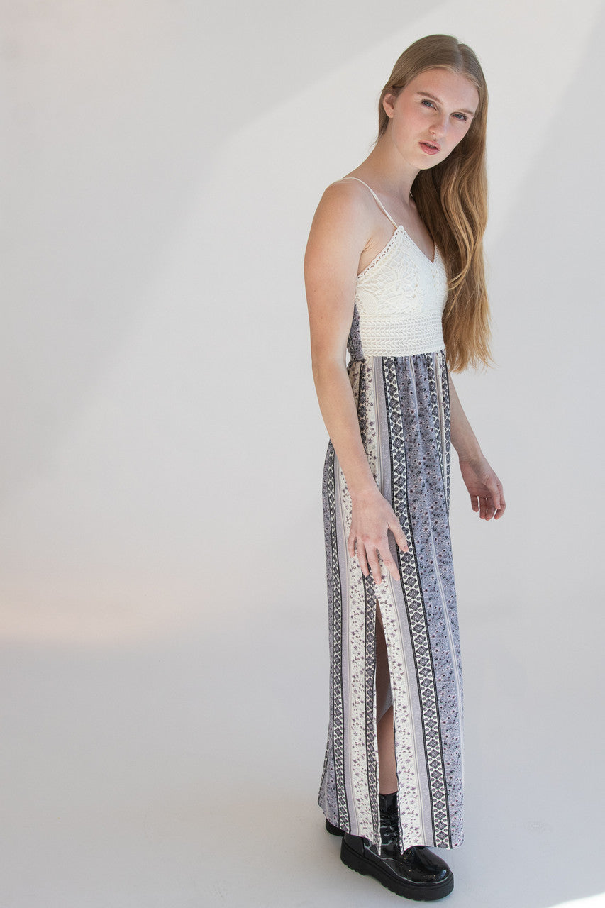 Lace Top Border Print Maxi Dress