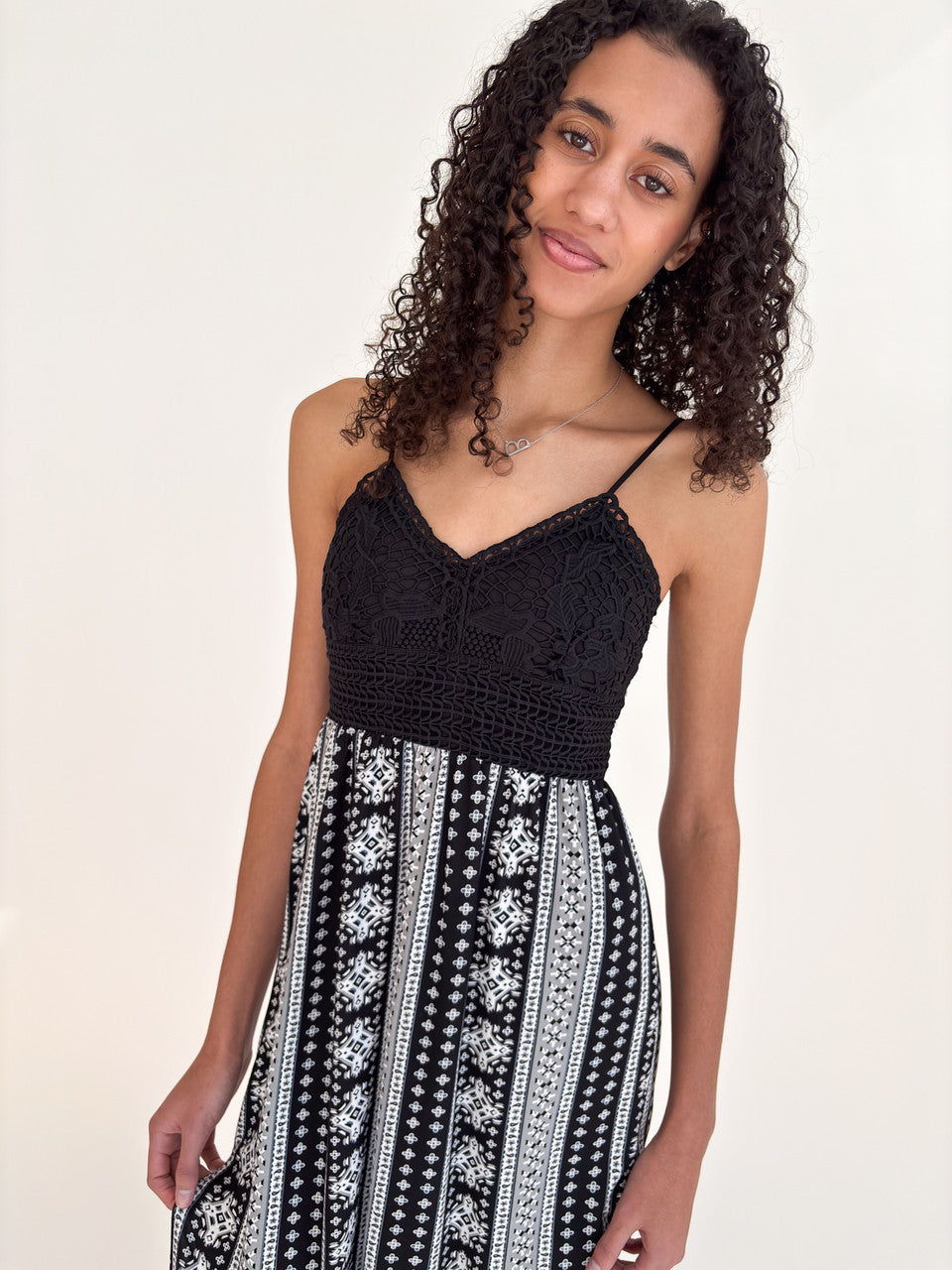 Lace Top Border Print Maxi Dress