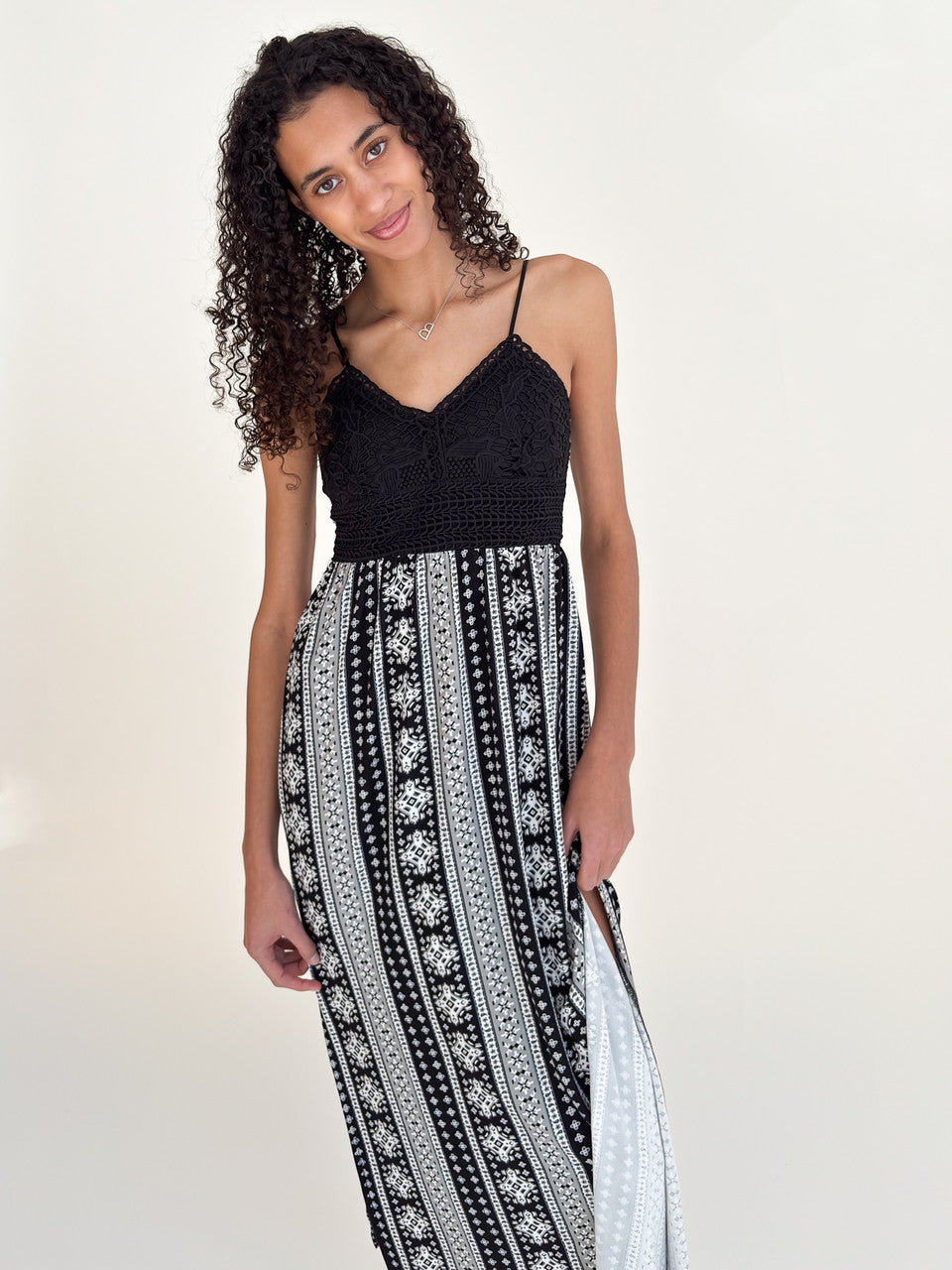 Lace Top Border Print Maxi Dress