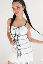 Contrast Stitch Ribbon Bow Tiered Mini Dress