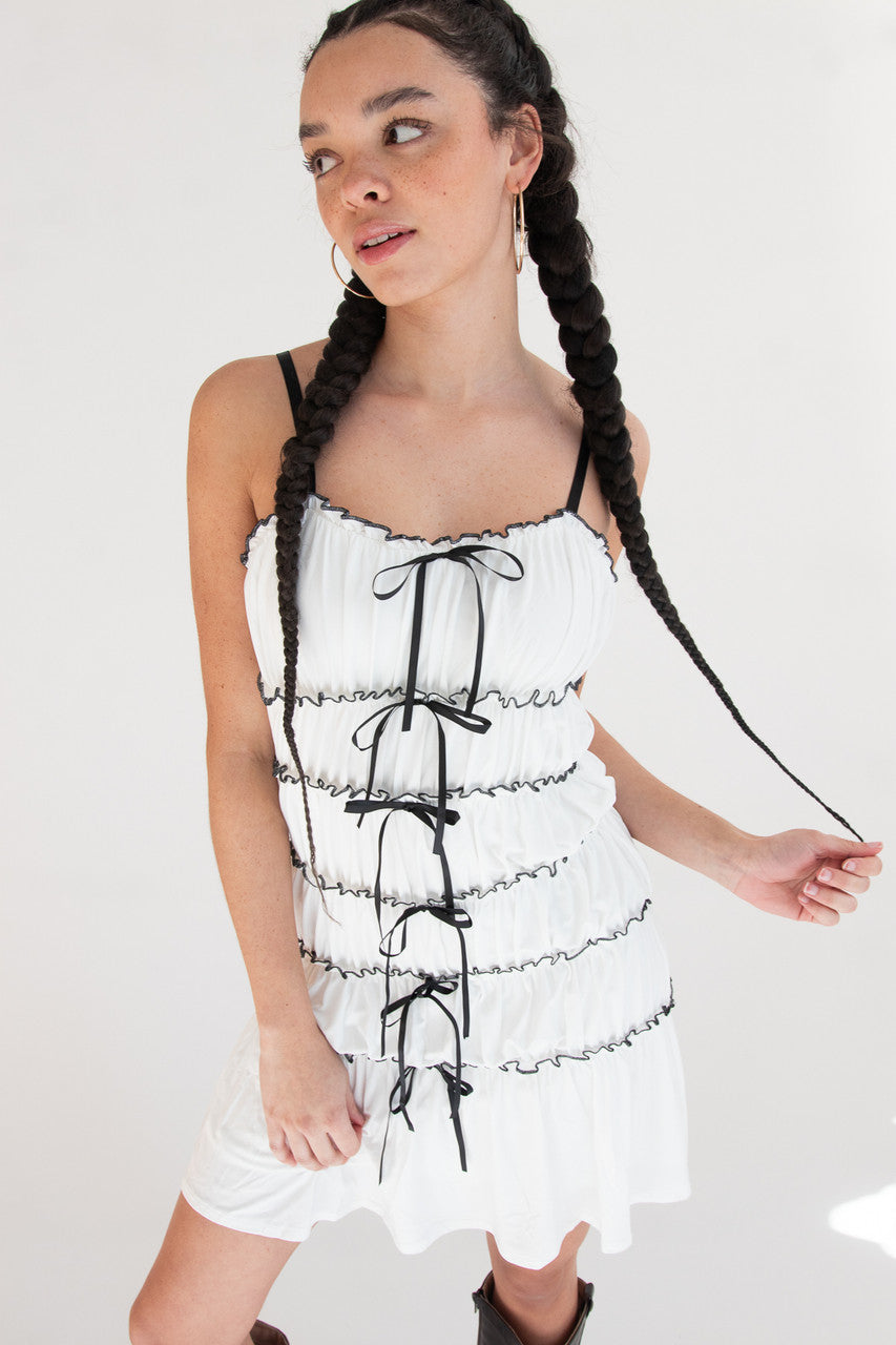 Contrast Stitch Ribbon Bow Tiered Mini Dress