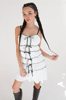 Contrast Stitch Ribbon Bow Tiered Mini Dress