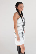 Contrast Stitch Ribbon Bow Tiered Mini Dress