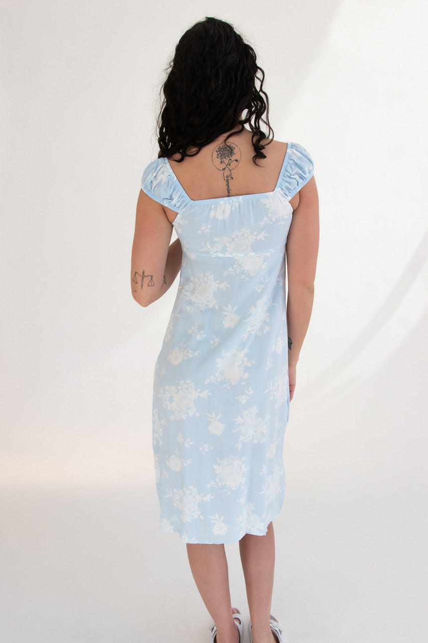 Puff Sleeve Lace Trim Floral Maxi Dress