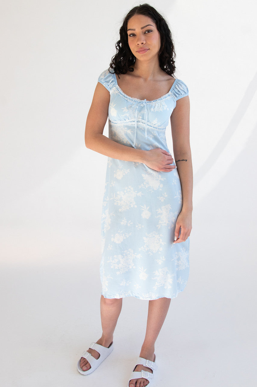 Puff Sleeve Lace Trim Floral Maxi Dress