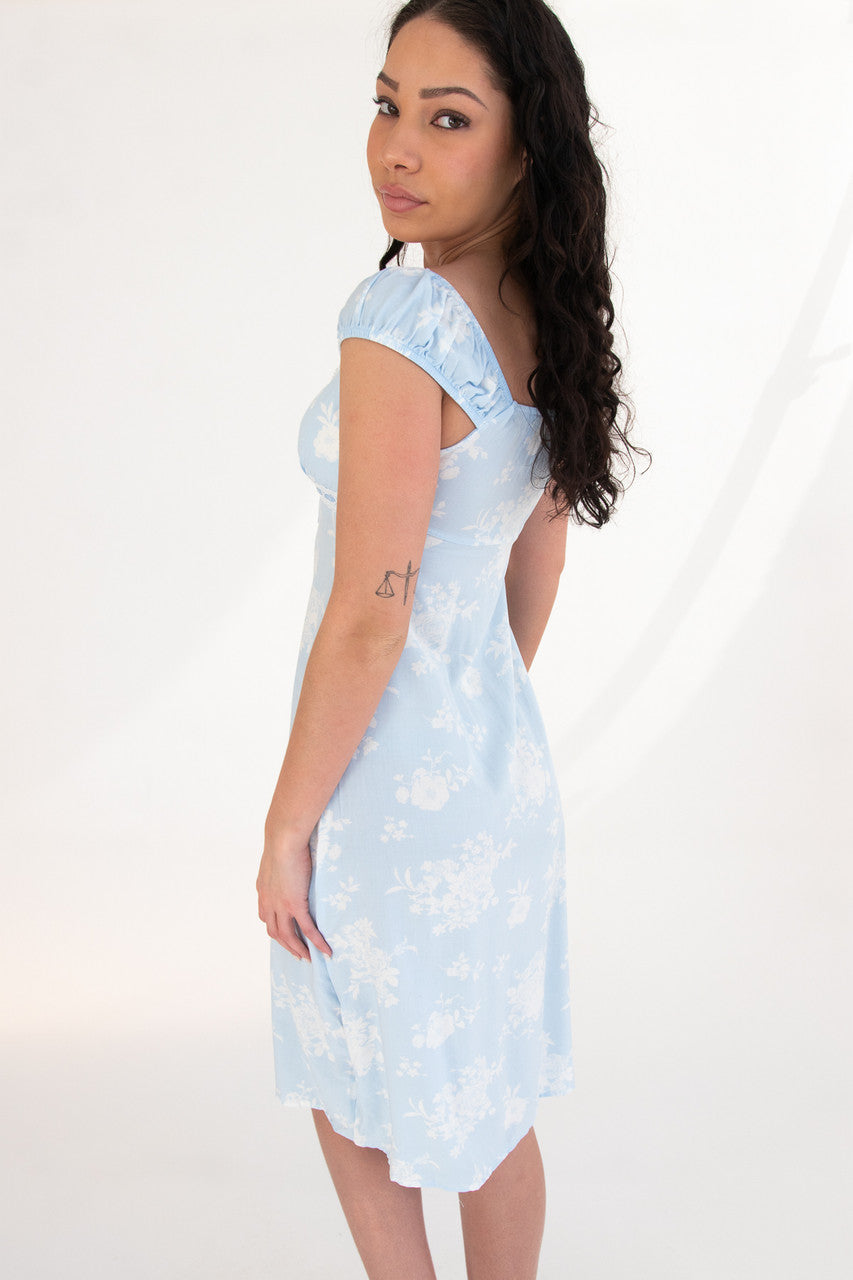 Puff Sleeve Lace Trim Floral Maxi Dress