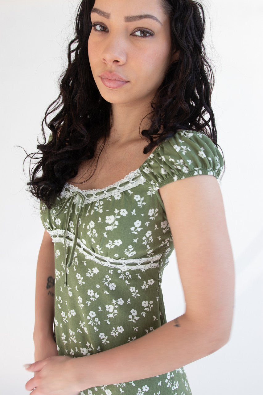 Puff Sleeve Lace Trim Floral Maxi Dress