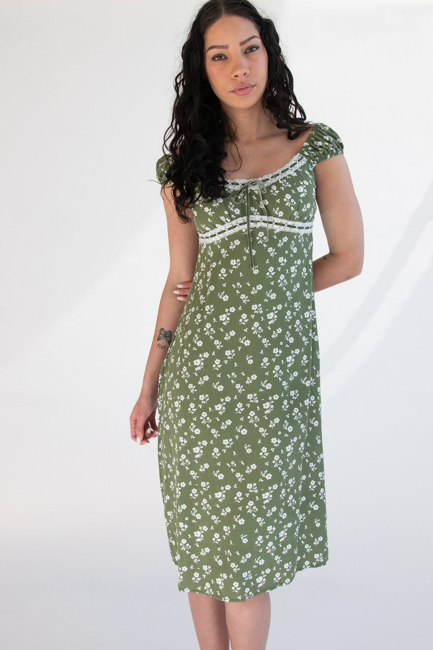 Puff Sleeve Lace Trim Floral Maxi Dress