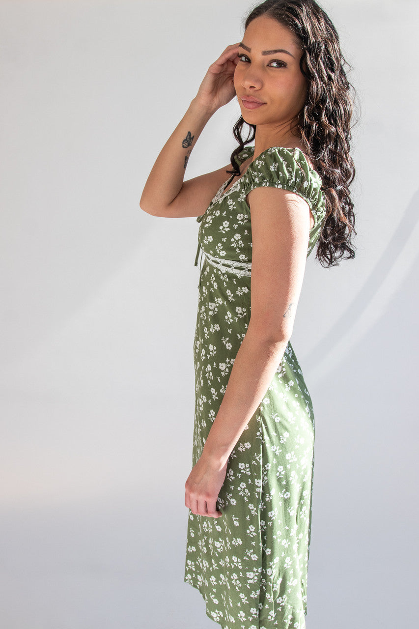 Puff Sleeve Lace Trim Floral Maxi Dress