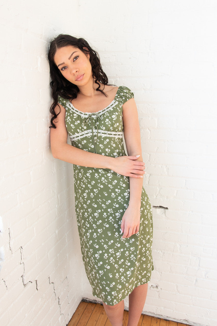 Puff Sleeve Lace Trim Floral Maxi Dress