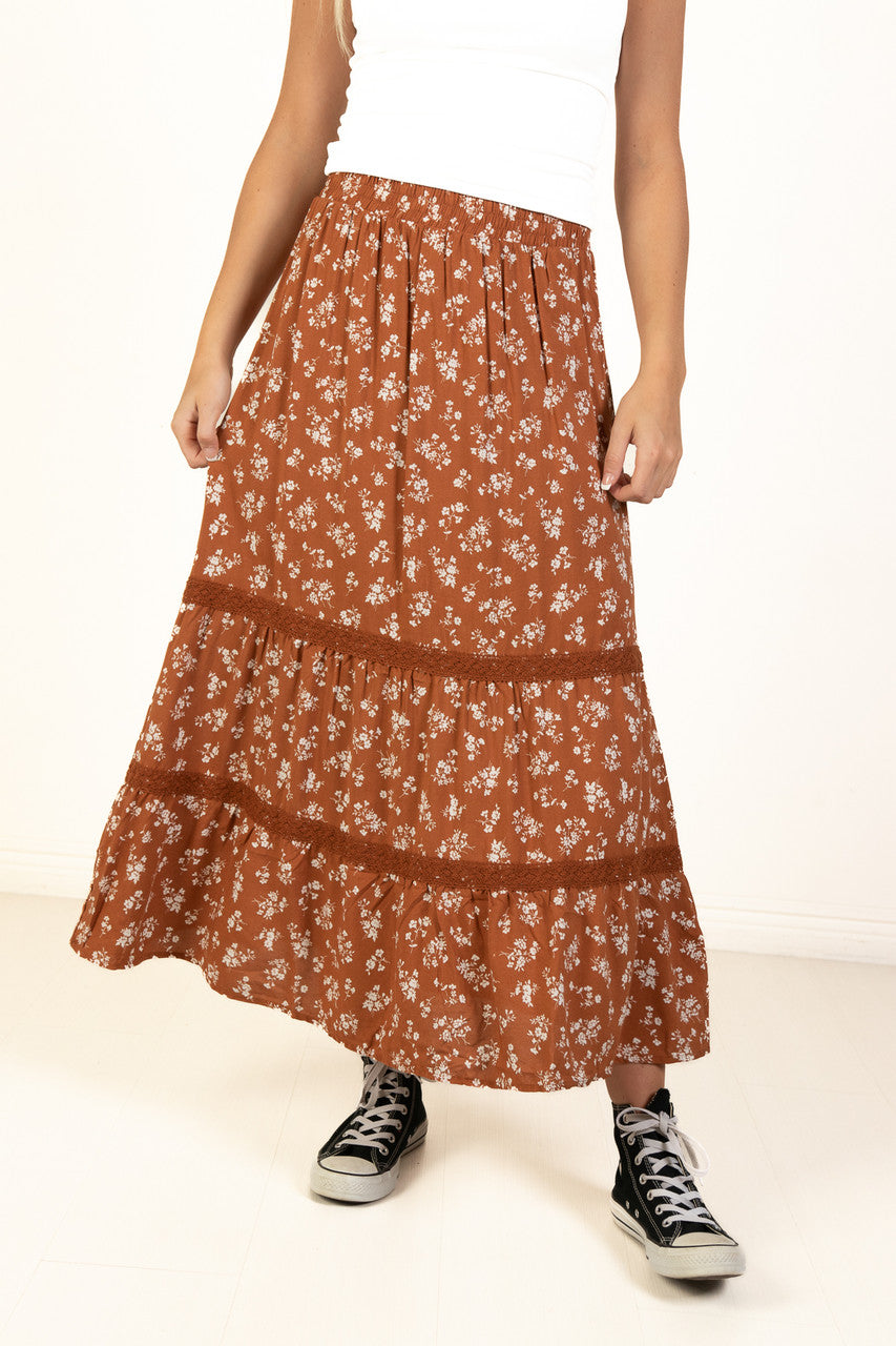 Rust Floral Crochet Detail Maxi Skirt