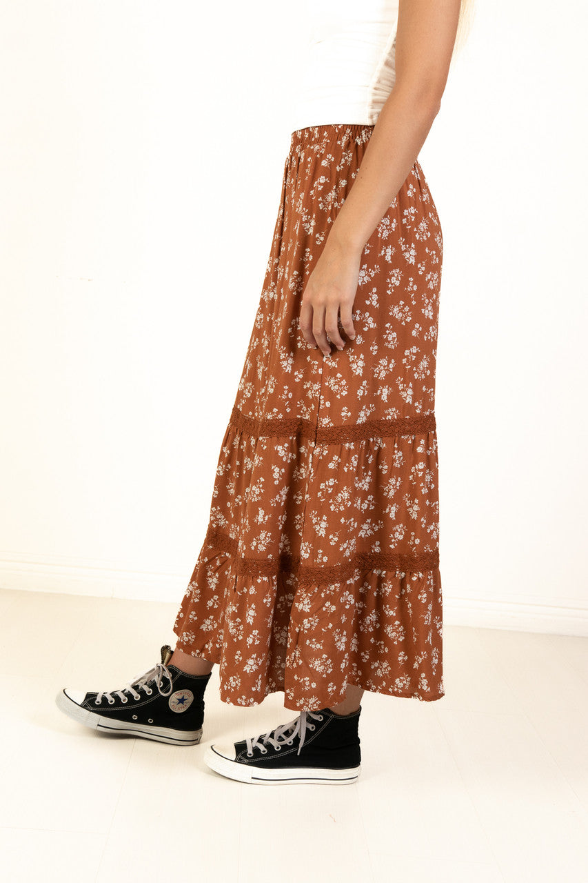 Rust Floral Crochet Detail Maxi Skirt