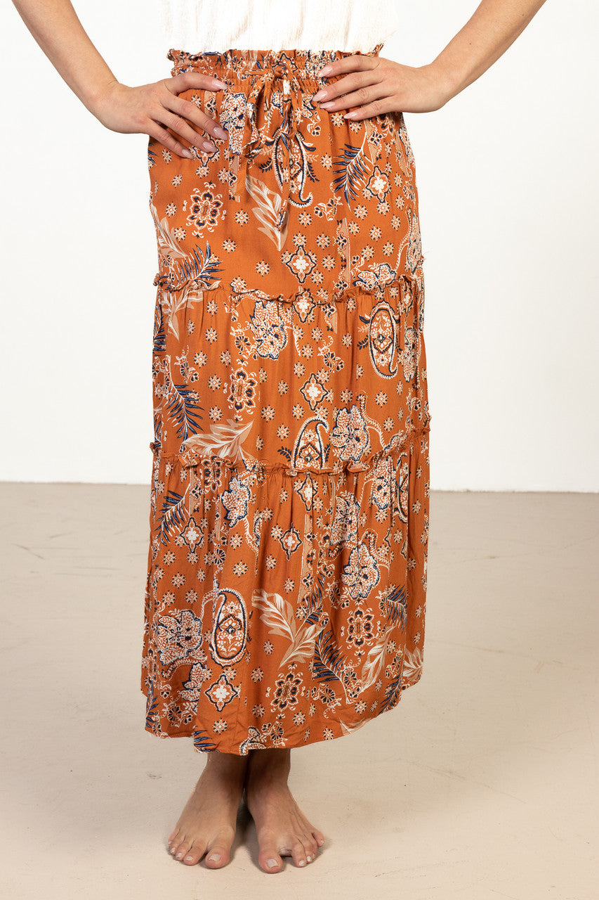 Orange Paisley Print Maxi Skirt