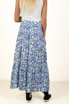 Blue Floral Paisley Ruffle Tiered Maxi Skirt