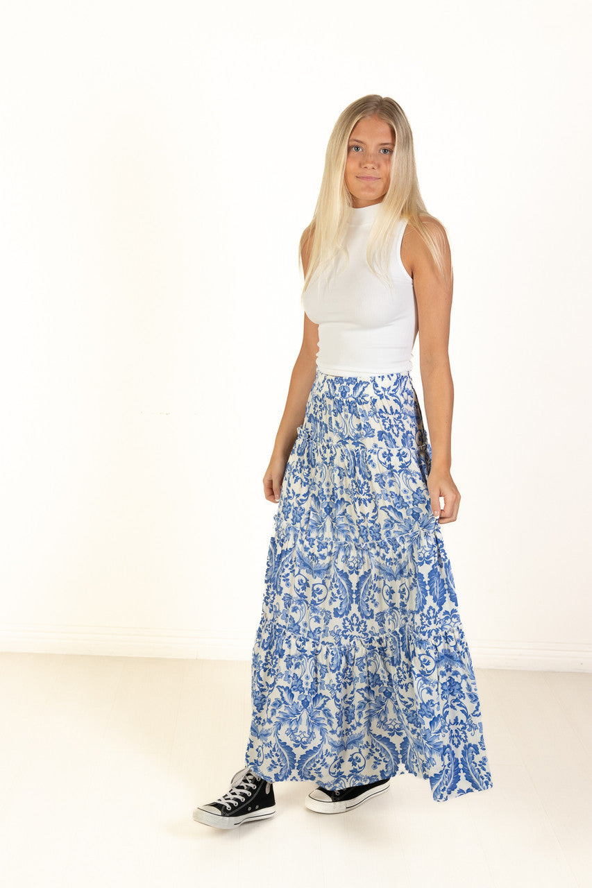 Blue Floral Paisley Ruffle Tiered Maxi Skirt