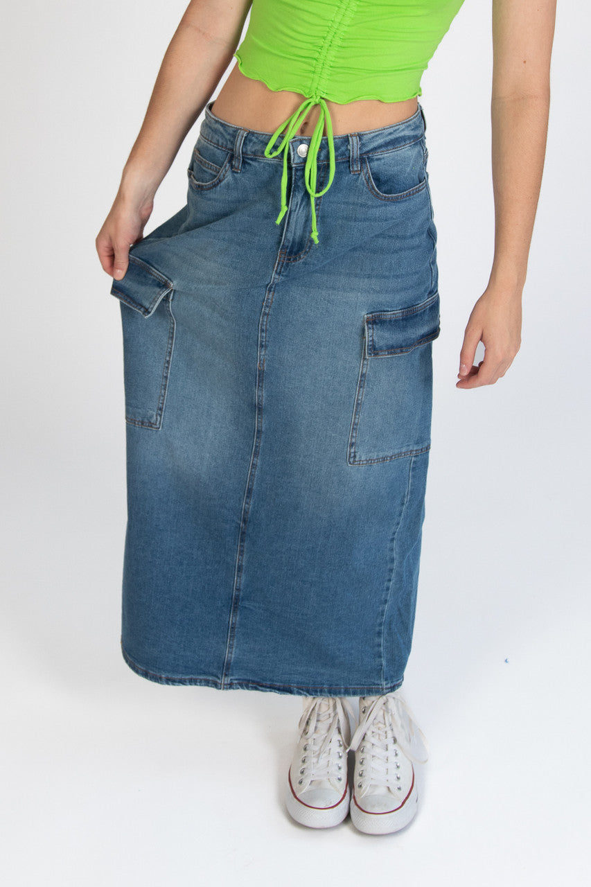 Denim Cargo Maxi Skirt