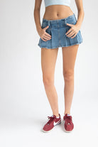 Low Rise Denim Pleated Mini Skort