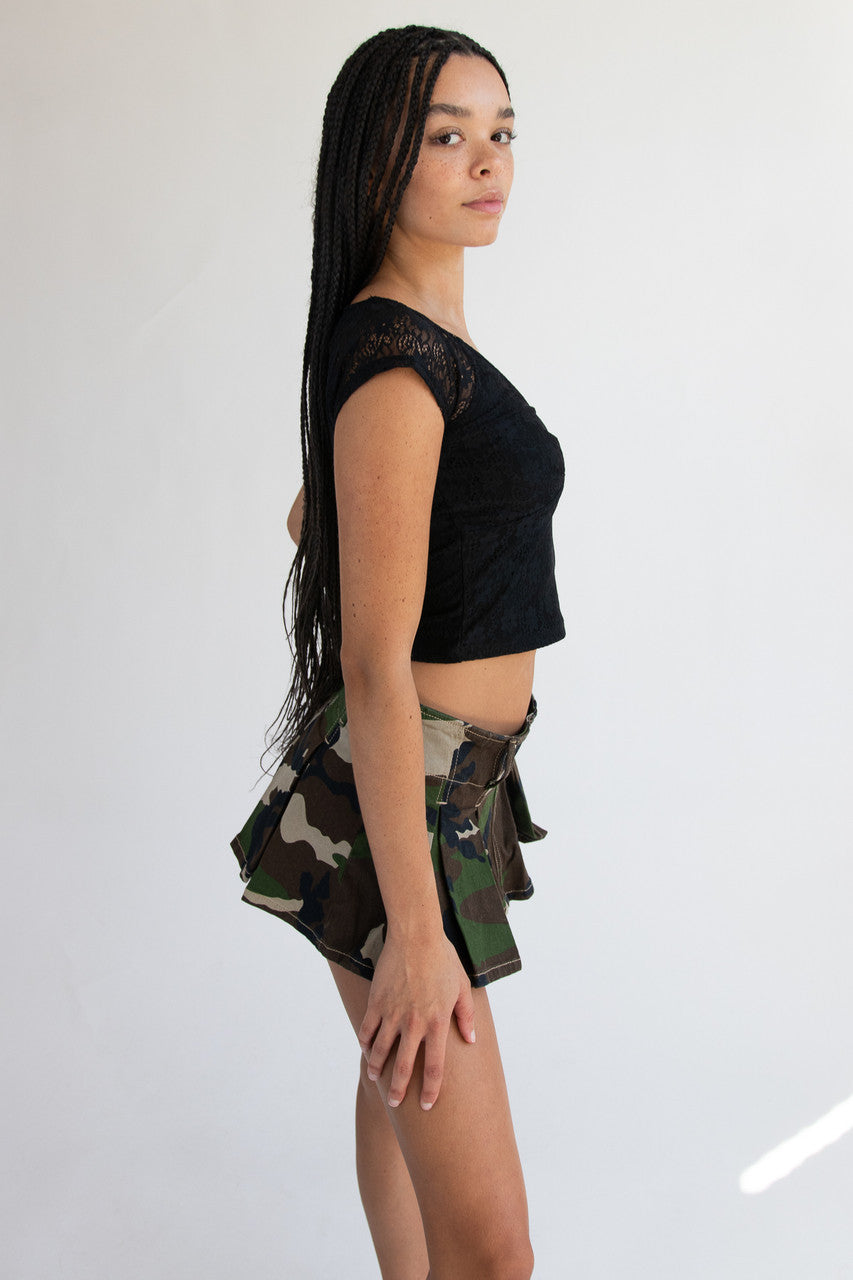 Low Rise Denim Pleated Mini Skort