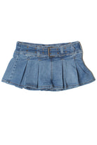 Low Rise Pleated Belted Denim Mini Skort