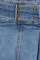 Low Rise Pleated Belted Denim Mini Skort