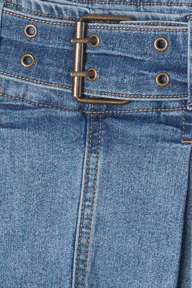 Low Rise Pleated Belted Denim Mini Skort