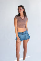 Low Rise Pleated Belted Denim Mini Skort
