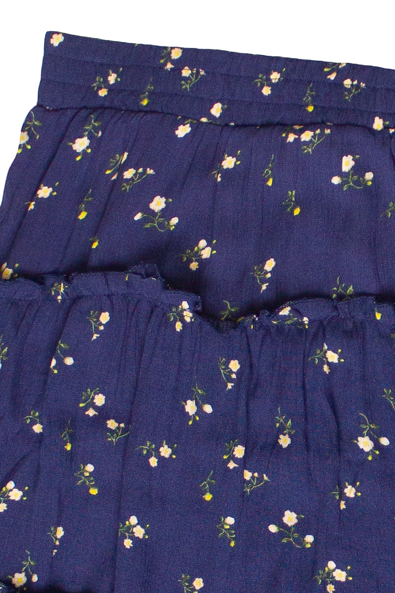 Floral Print Tiered Maxi Skirt - Navy