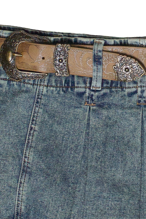 Western Belt Denim Pleated Mini Skort
