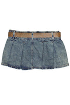 Western Belt Denim Pleated Mini Skort