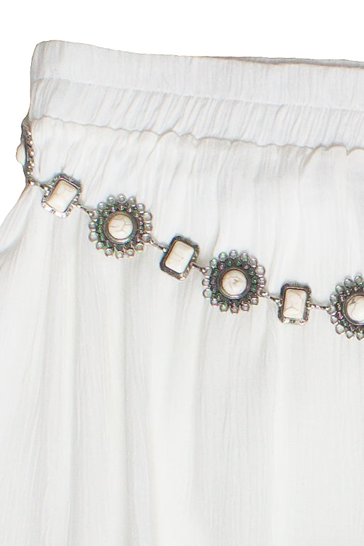 Stone Chain Belt Gauze Maxi Skirt - White