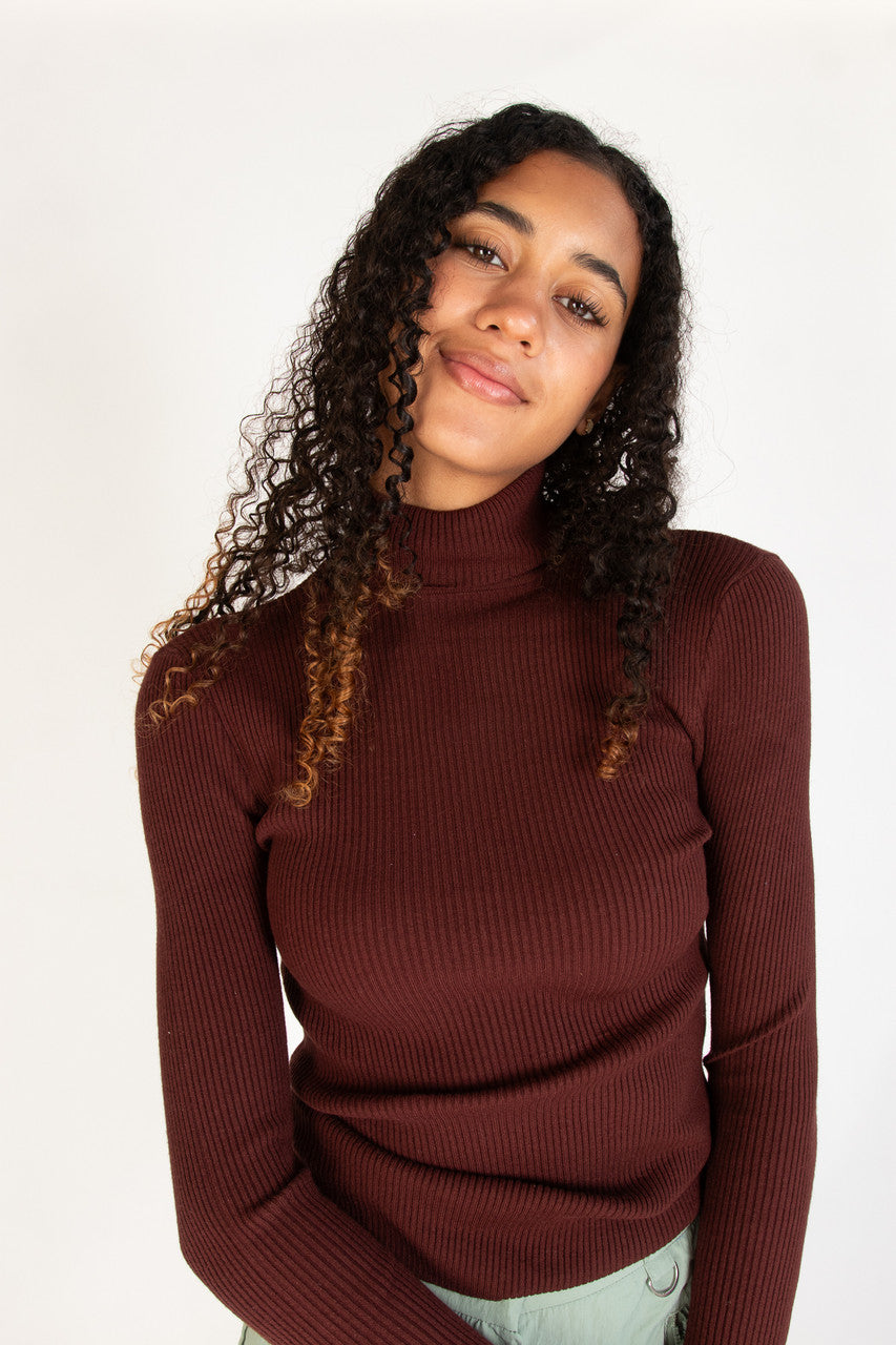 Dark Oak Ribbed Turtleneck Sweater