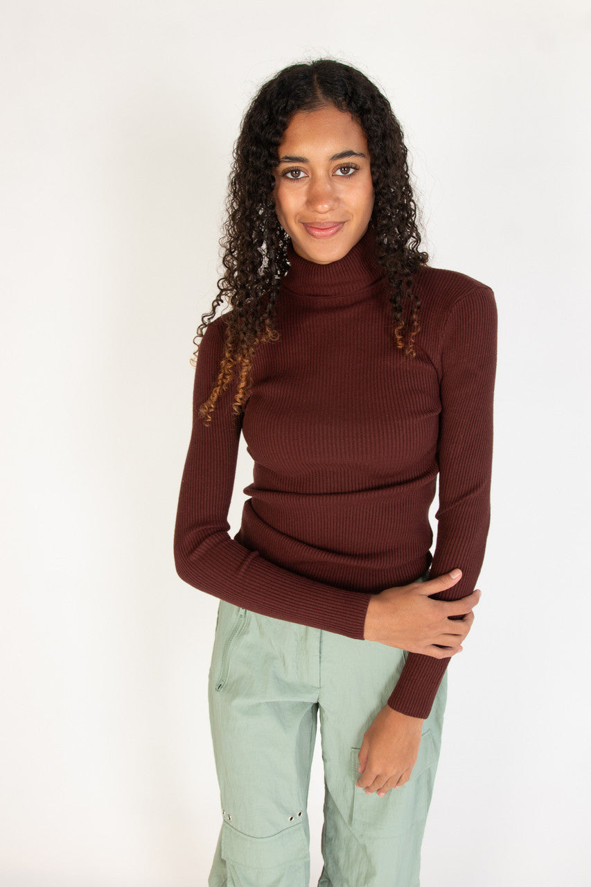 Dark Oak Ribbed Turtleneck Sweater