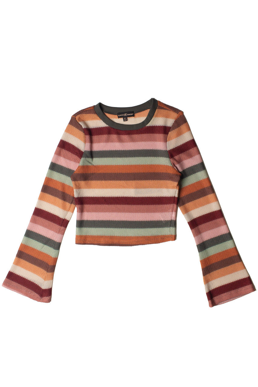 Cactus Flower Bell Sleeve Crochet Stripe Sweater